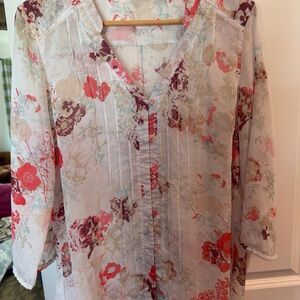Eddie Bauer White Sheer Floral Tunic with Coral and Burgundy Accents